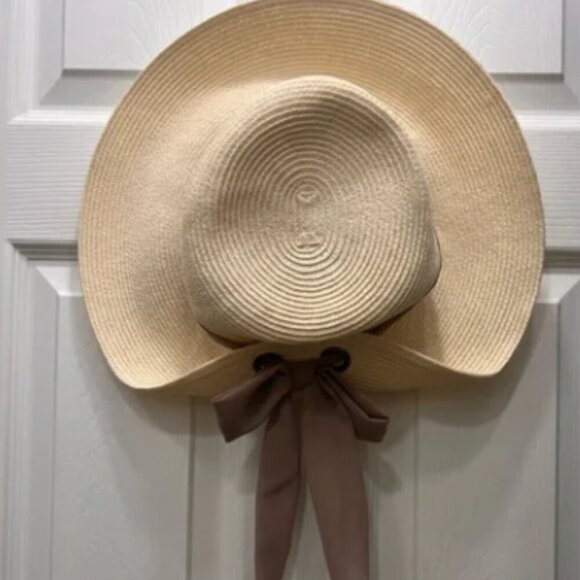 Nine West OS Straw Sun Hat with Mauve/Brow Brim Tie & Bow Pull Up No Callouts!! - Picture 3 of 6